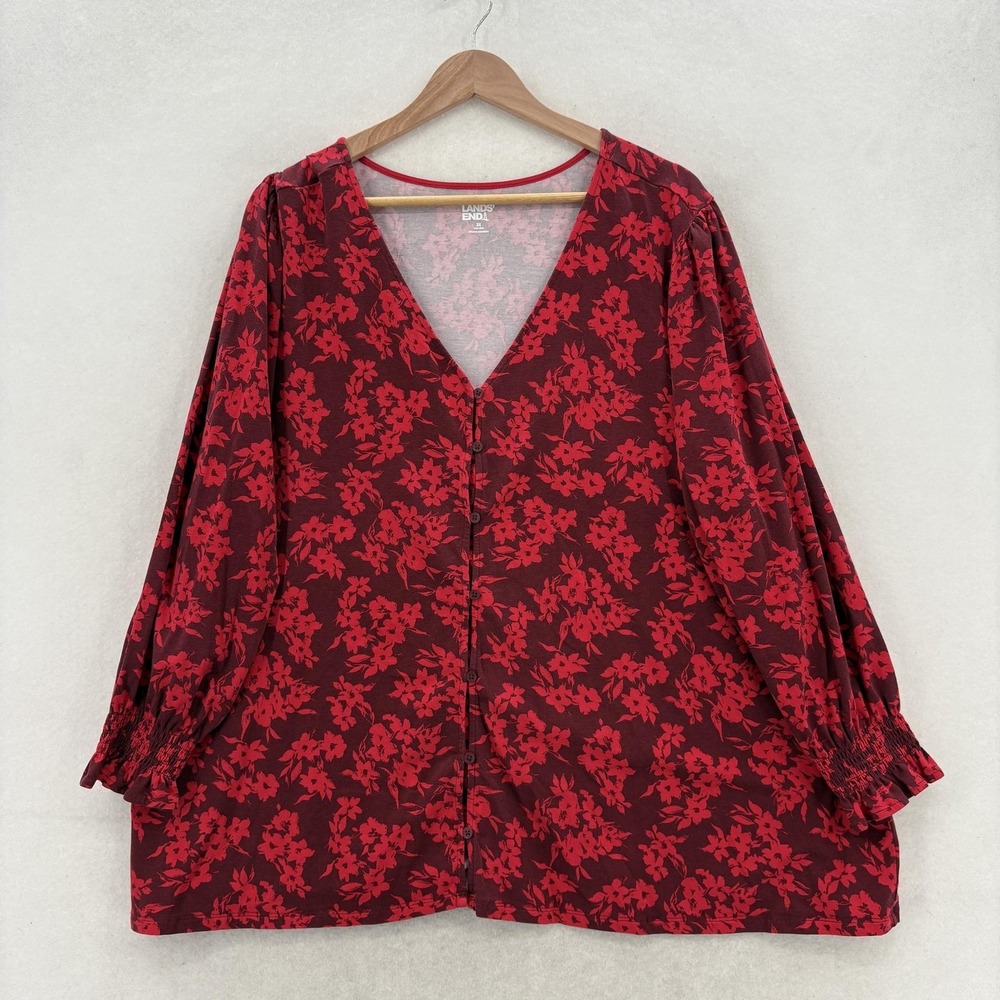 Lands End Blouse Womens 3X Plus Red Floral V Neck Balloon Sleeve Tunic Top